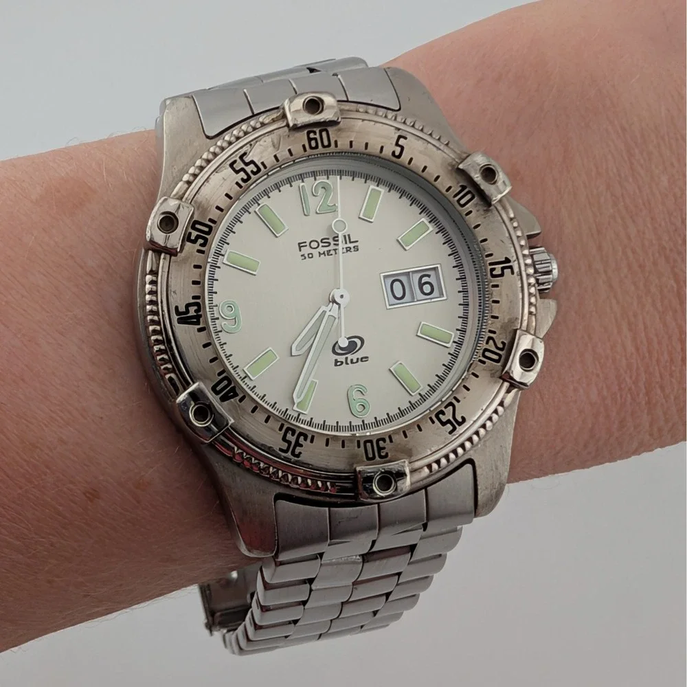 Fossil Blue AM-3252 Big Date SS Diver Watch Rotating Bezel Lume 40mm 8